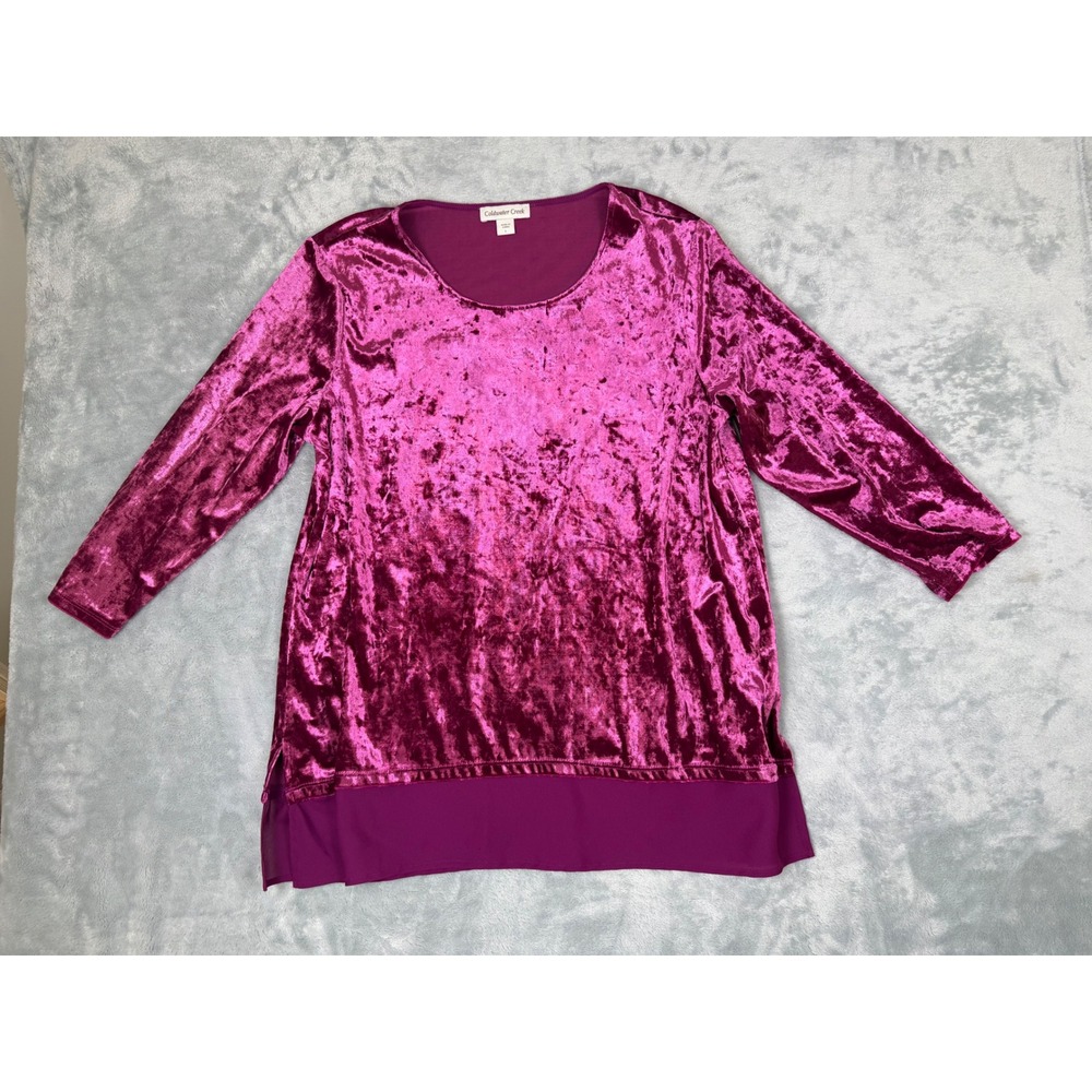 Coldwater Creek Magenta Crushed Velvet Chiffon Hem Tunic Top Purple Large 13401